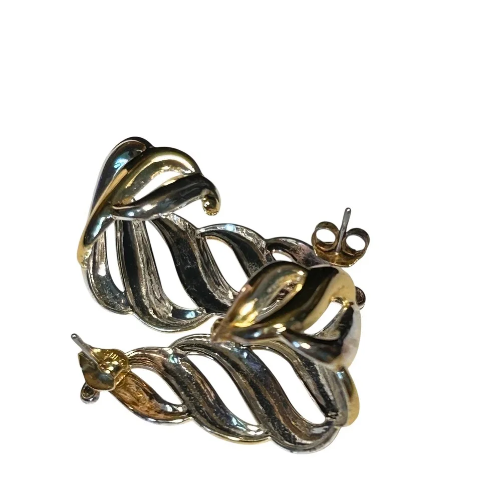 Two Tone Gold Silver Swirl Statement Earrings Modern Jewelry Vintage‎